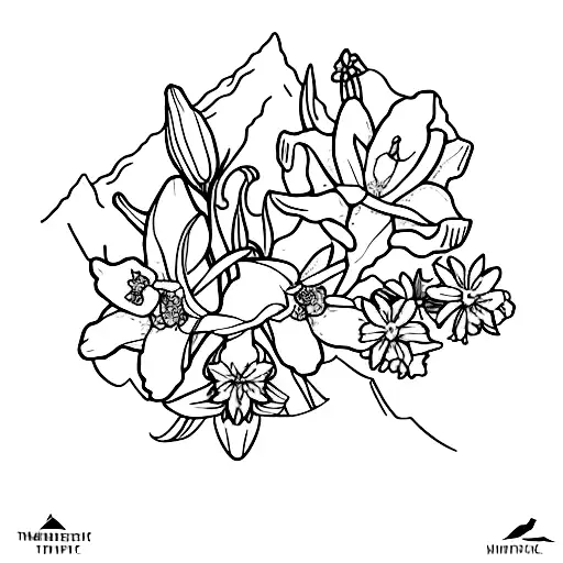 A minimalist tattoo of a daffodil and larkspur flowers blooming at the base of a majestic mountain tattoo design idea