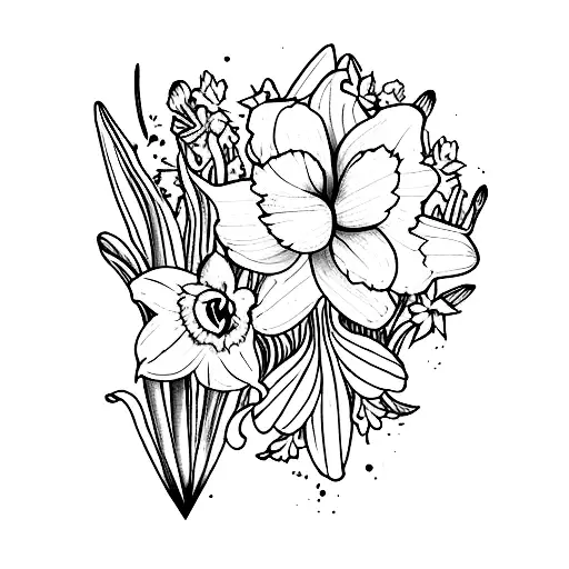 A watercolor tattoo of a daffodil and larkspur flowers blooming at the base of amountain tattoo design idea