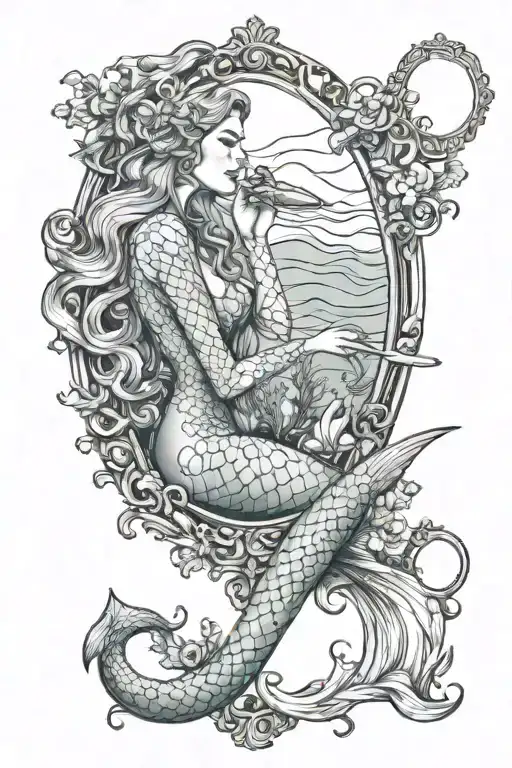 mermaid girl looking in mirror reflecting tattoo design idea