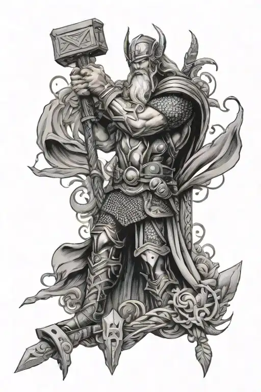 Norse mythology leg sleeve Thor Mjölnir, Odin Huginn and Muninn, long boat tattoo design idea