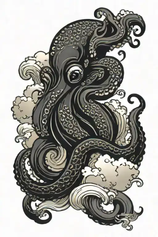 oriental octopus with clouds and waves tattoo design idea