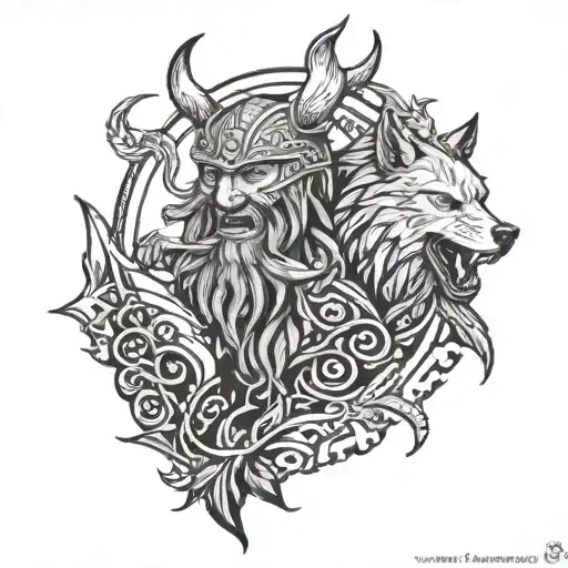 viking odin his crows vs fenrir viking norse wolf tattoo design idea