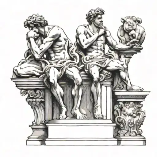The statues and sculptures of The David, The Thinker, and Atlas sitting on a roman column platform back to back  tattoo design idea