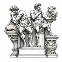 The statues and sculptures of The David, The Thinker, and Atlas sitting on a roman column platform back to back  tattoo design idea
