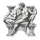 The statues and sculptures of The David, The Thinker, and Atlas sitting on a roman column platform back to back  tattoo design idea