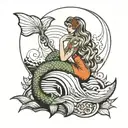 thigh tattoo of a mermaid sitting on a rock watching the sunset with a big beautiful intricate mermaid tail with a lot o tattoo design idea