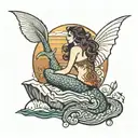 thigh tattoo of a mermaid sitting on a rock watching the sunset with a big beautiful intricate mermaid tail with a lot o tattoo design idea