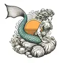 thigh tattoo of a mermaid sitting on a rock watching the sunset with a big beautiful intricate mermaid tail with a lot o tattoo design idea