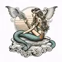 thigh tattoo of a mermaid sitting on a rock watching the sunset with a big beautiful intricate mermaid tail with a lot o tattoo design idea
