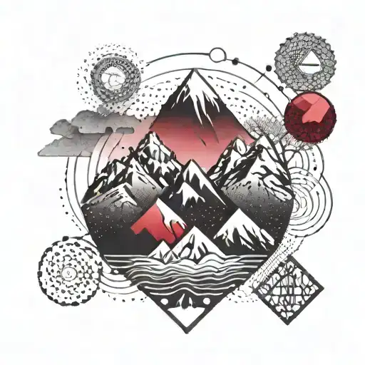 A geometric mountain range tattoo with a ruby gemstone incorporated into the design tattoo design idea