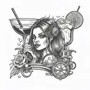 A creative tattoo design of a girl holding a cocktail glass, with driving-themed elements like a speedometer and car keys incorporated into the design tattoo design idea