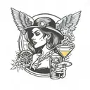 A creative tattoo design of a girl holding a cocktail glass, with driving-themed elements like a speedometer and car keys incorporated into the design tattoo design idea