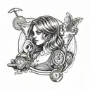 A creative tattoo design of a girl holding a cocktail glass, with driving-themed elements like a speedometer and car keys incorporated into the design tattoo design idea