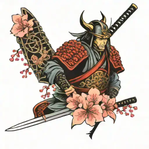 samurai with katana and armor with cherry blossoms background tattoo design idea