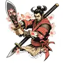 samurai with katana and armor with cherry blossoms background tattoo design idea