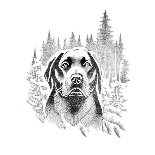 A majestic black labrador retriever surrounded by a forest landscape tattoo design idea