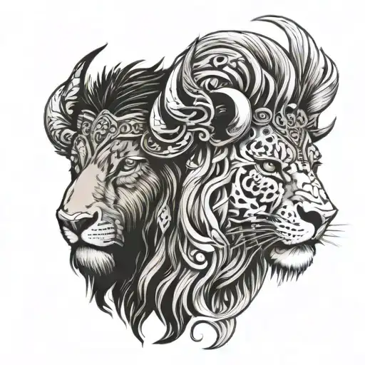 half face buffalo and lion tattoo design idea