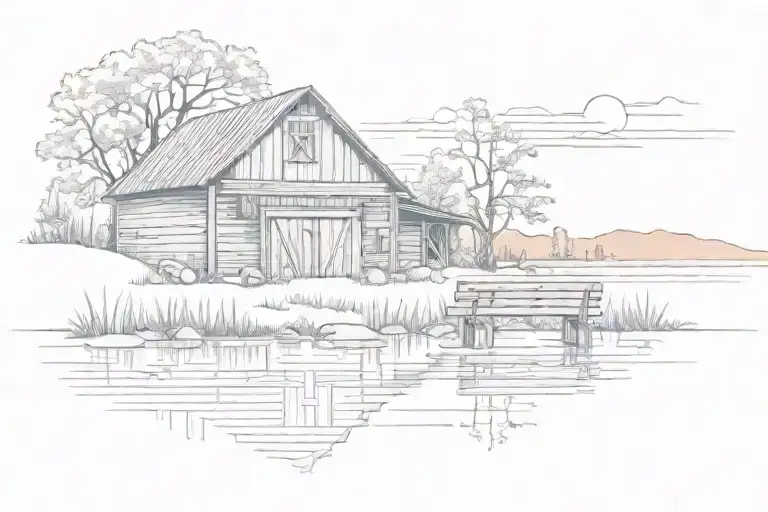 barn and bench in front of a sunset over a pond ripples tattoo design idea