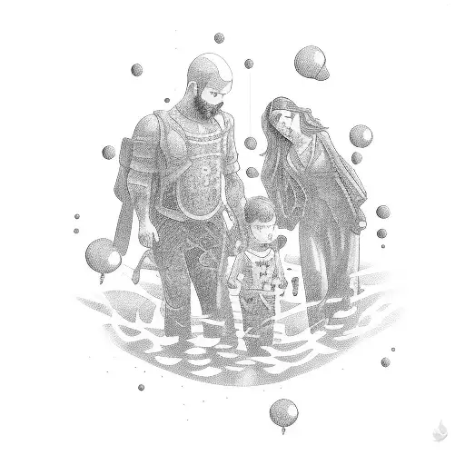 A dotwork tattoo of a father and his children bonding over a shared hobby or interest tattoo design idea