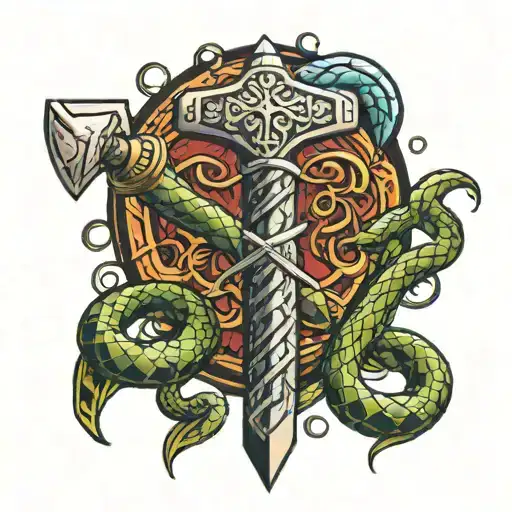 Thor's hammer with snakes going tattoo design idea