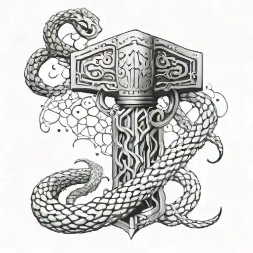 Thor's hammer with snakes wrapping tattoo design idea