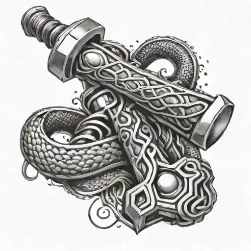 Thor's hammer with snakes going tattoo design idea