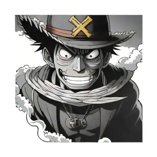 luffy from one piece face mix with pitbull dog with luffy straw hat with anime clouds at the backround as ink tattoo sty tattoo design idea