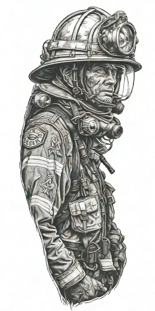 firefighter in bland and white realistic and complex tattoo design idea