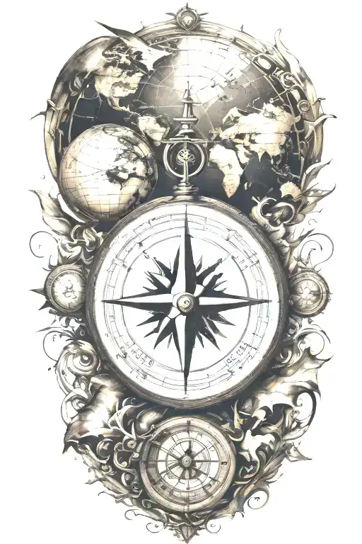 compass and globe surrounded tattoo design idea