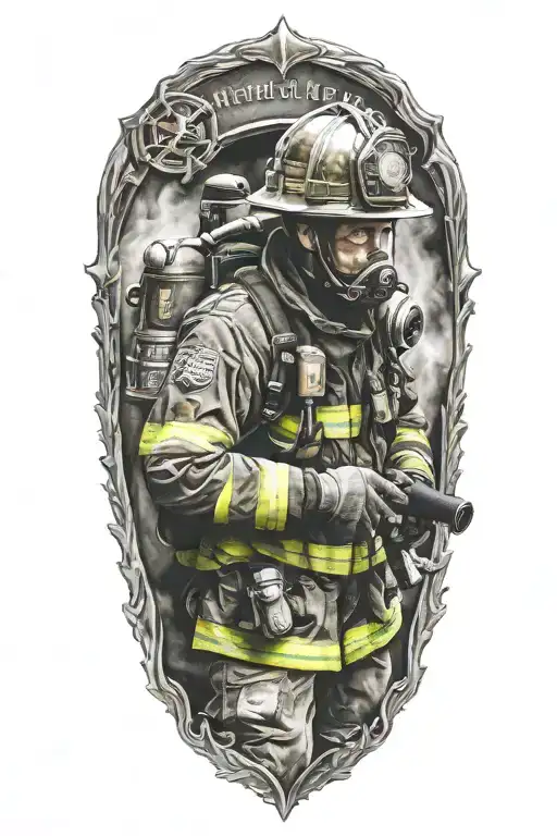 firefighter in bland and white realistic and complex tattoo design idea