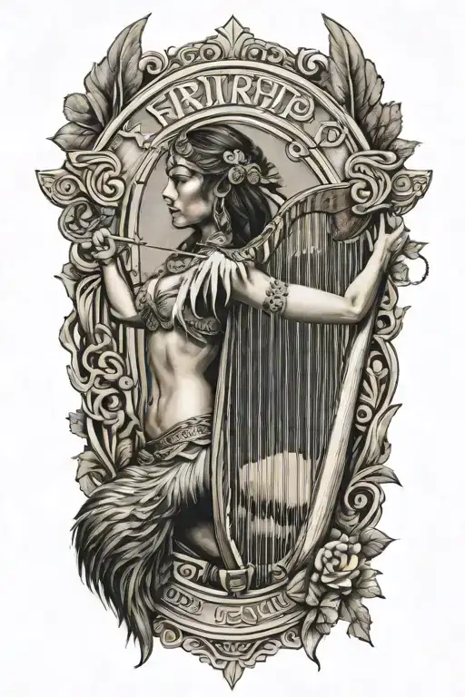 irish harp indian arrow intertwined tattoo design idea