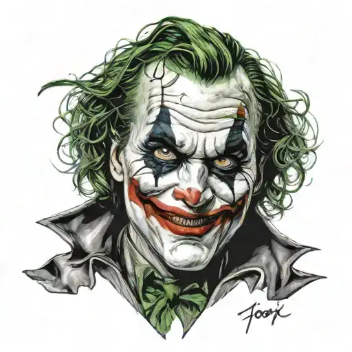 joker with a mask whithe the text written under "7/14"  tattoo design idea