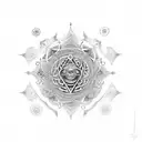 A majestic representation of Mahakal surrounded by intricate dotwork patterns tattoo design idea