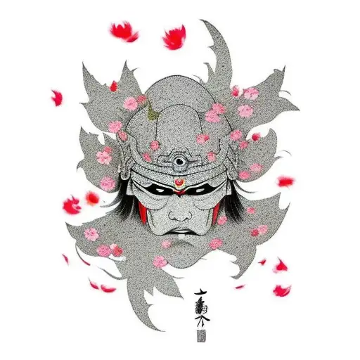 A traditional Japanese warrior mask surrounded by graceful cherry blossom petals tattoo design idea