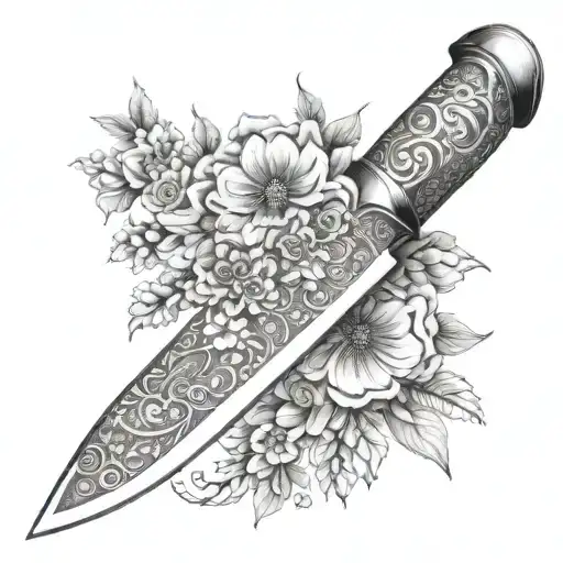 A beautifully detailed chef’s knife wrapped in flowers native to Chile, like copihue (Chile's national flower) tattoo design idea