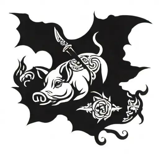 Pig head and butcher knife on belly dancing silhouette incorporating tattoo design idea