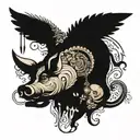 Pig head and butcher knife on belly dancing silhouette incorporating tattoo design idea