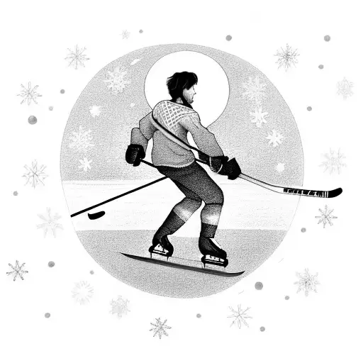 A hockey player skating on a frozen lake under a full moon tattoo design idea