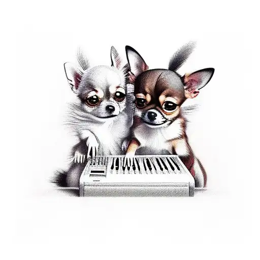 two chihuahuas playing guitar and keyboard in duran duran shirts tattoo design idea