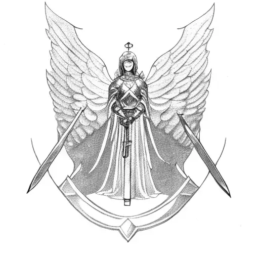 Armor-clad angel holding a sword and shield tattoo design idea