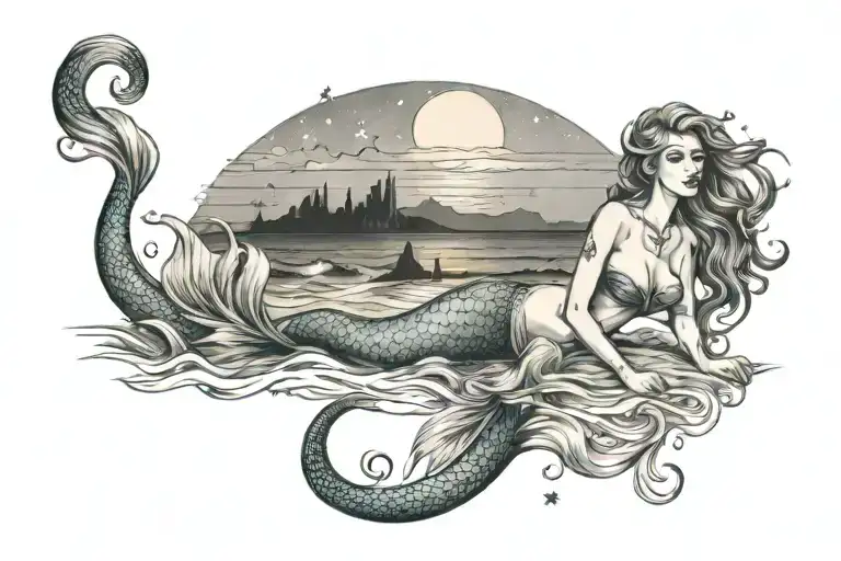 mermaid on the beach siting on the shore with sunset in backgroud and the aquarius constellation in the sky tattoo design idea