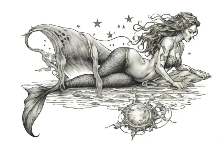 mermaid on the beach siting upright on the shore with and the aquarius constellation in the sky tattoo design idea