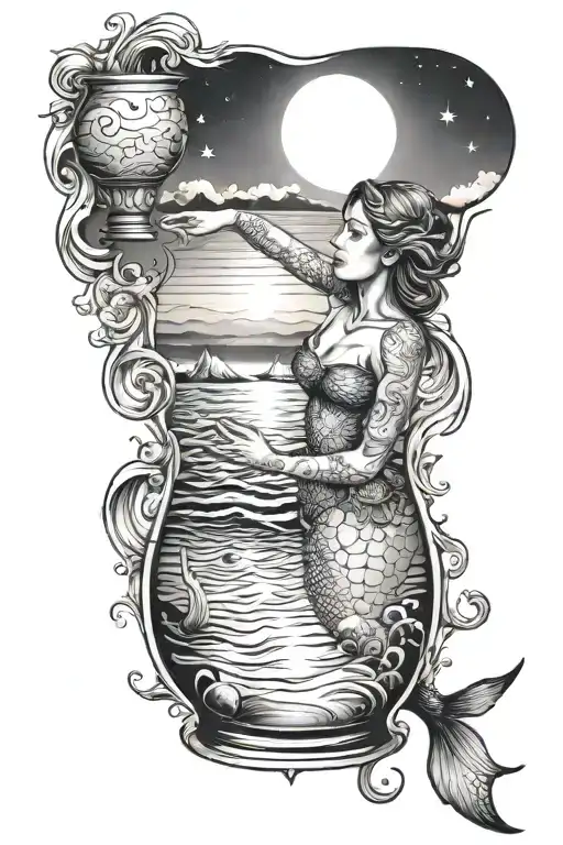 mermaid on the beach in the sea pouring water from vase with sunset in backgroud and aquarius constellation in the sky tattoo design idea