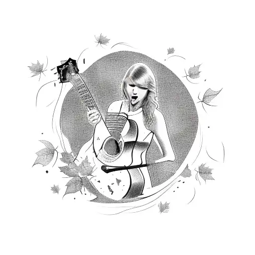 A sketch-style tattoo of Taylor Swift playing a guitar, surrounded by falling autumn leaves tattoo design idea