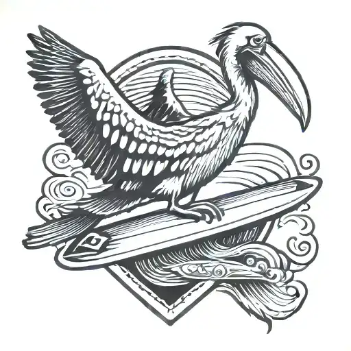 pelican holding a surfboard tattoo design idea