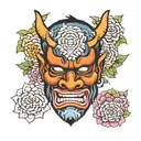 japanese oni mask colorful surrounded by flowers tattoo design idea