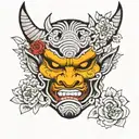 japanese oni mask colorful surrounded by flowers tattoo design idea