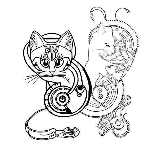 Create a tatoo of a delicate sewing machine with cats tattoo design idea