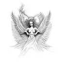 angle falling backwards from heaven with burning wings while someone reaches a hand out to him tattoo design idea