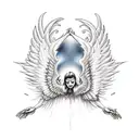 angle falling backwards from heaven with burning wings while someone reaches a hand out to him tattoo design idea